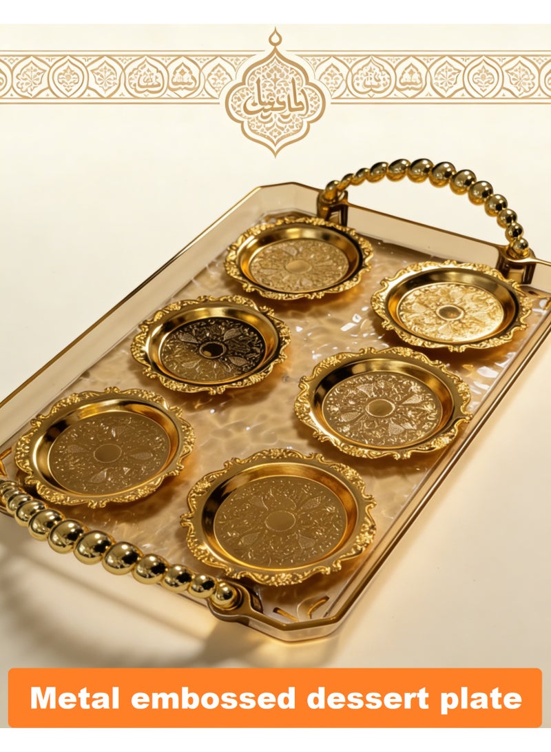 SHIXIN A luxurious gold tray with six embossed metal plates—an elegant Arabic coffee and dessert set, perfect for Ramadan, weddings, and parties. - Image 1