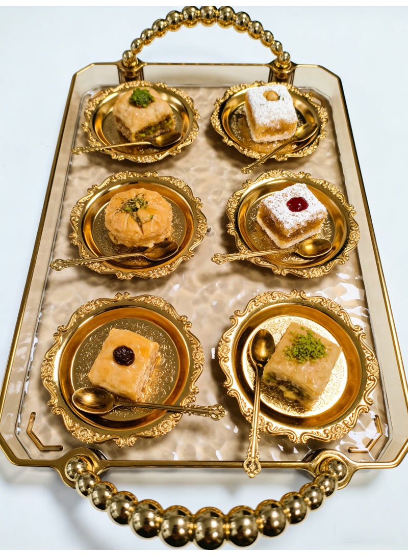 SHIXIN A luxurious gold tray with six embossed metal plates—an elegant Arabic coffee and dessert set, perfect for Ramadan, weddings, and parties. - Image 5