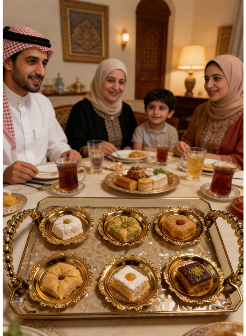 SHIXIN A luxurious gold tray with six embossed metal plates—an elegant Arabic coffee and dessert set, perfect for Ramadan, weddings, and parties. - Image 3