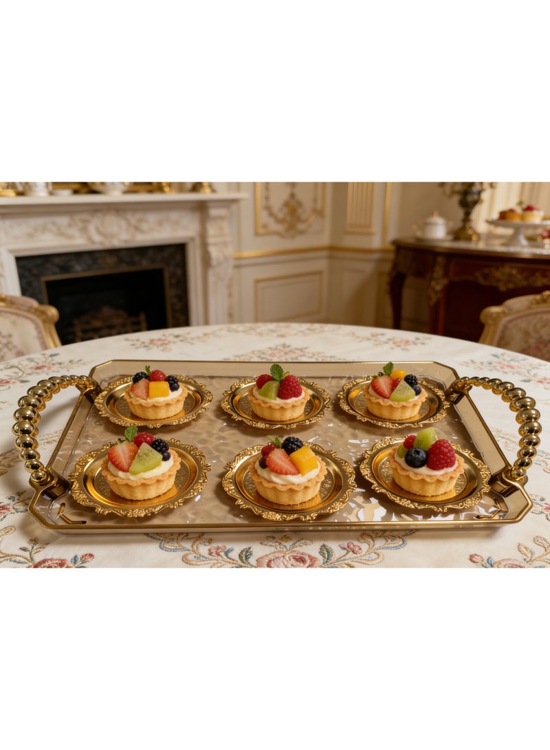 SHIXIN A luxurious gold tray with six embossed metal plates—an elegant Arabic coffee and dessert set, perfect for Ramadan, weddings, and parties. - Image 4