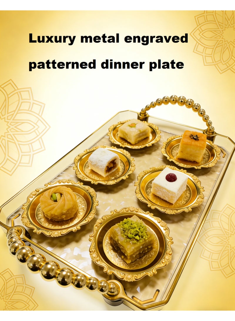 SHIXIN A luxurious gold tray with six embossed metal plates—an elegant Arabic coffee and dessert set, perfect for Ramadan, weddings, and parties. - Image 2