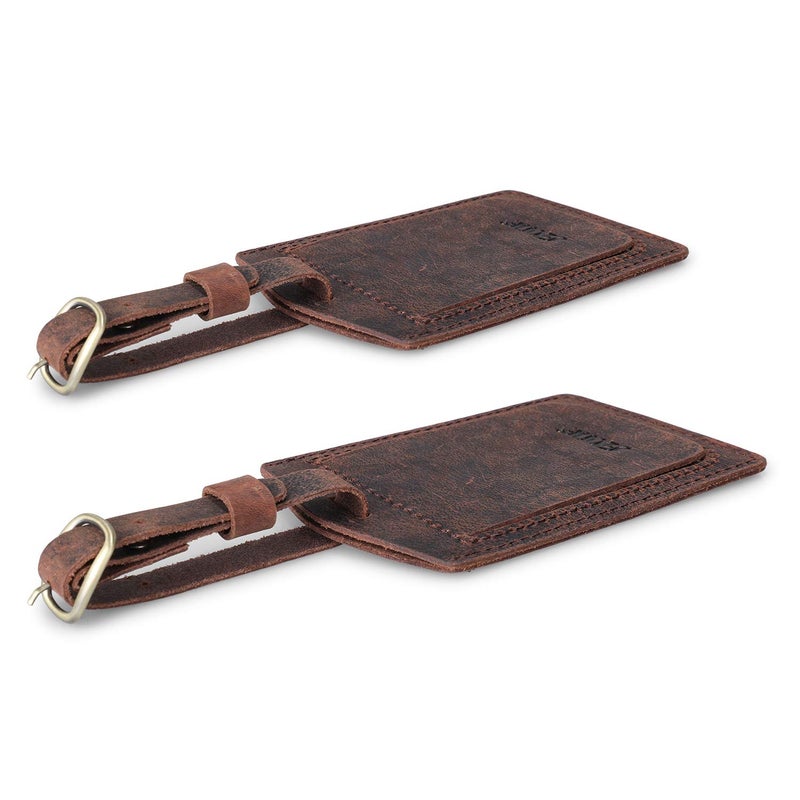 S-ZONE S-ZONE Leather Luggage Baggage Tags ID Label for Suitcases Backpack 2 Pieces Set (Dark Brown)  - Image 2