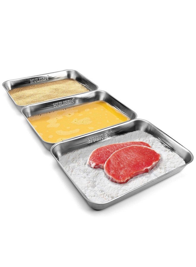 HULISEN HULISEN Breading Trays Set of 3, Large Stainless Steel Breading Pans for Dredging Chicken Breasts and Marinating Meat, Interlocking Food Prep Trays for Coating Fish and Breadcrumb Dishes, Oven Safe - Image 1