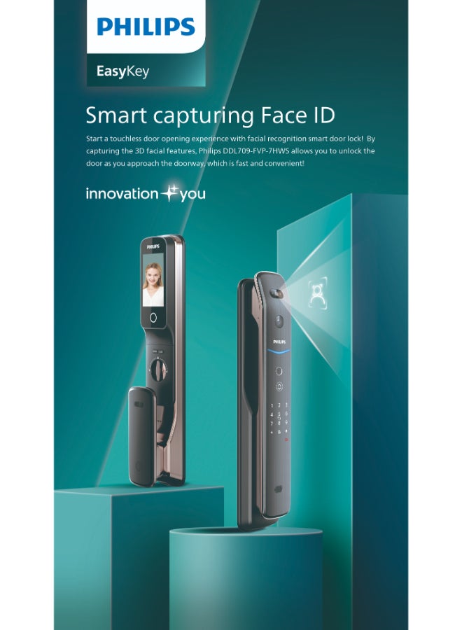 Philips Smart Door Lock 709Fvp Facial Recognition With 3D Face Id, Motion Sensor, Wifi App Control, 4’’ Ips Display, Auto Locking & 5000Mah Long-Life Battery Black 60mm - Image 1