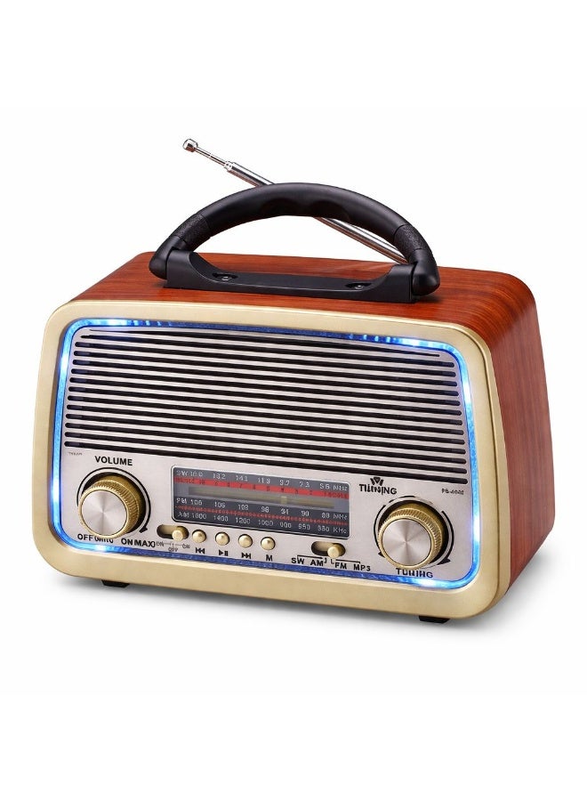 راديو كلاسيك محمول بتصميم خشبي أنيق يدعم AM FM SW MP3 مع إضاءة LED ومقبض حمل وبطارية قابلة للشحن - Image 4