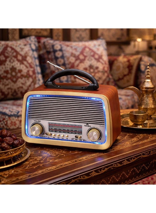 راديو كلاسيك محمول بتصميم خشبي أنيق يدعم AM FM SW MP3 مع إضاءة LED ومقبض حمل وبطارية قابلة للشحن - Image 2