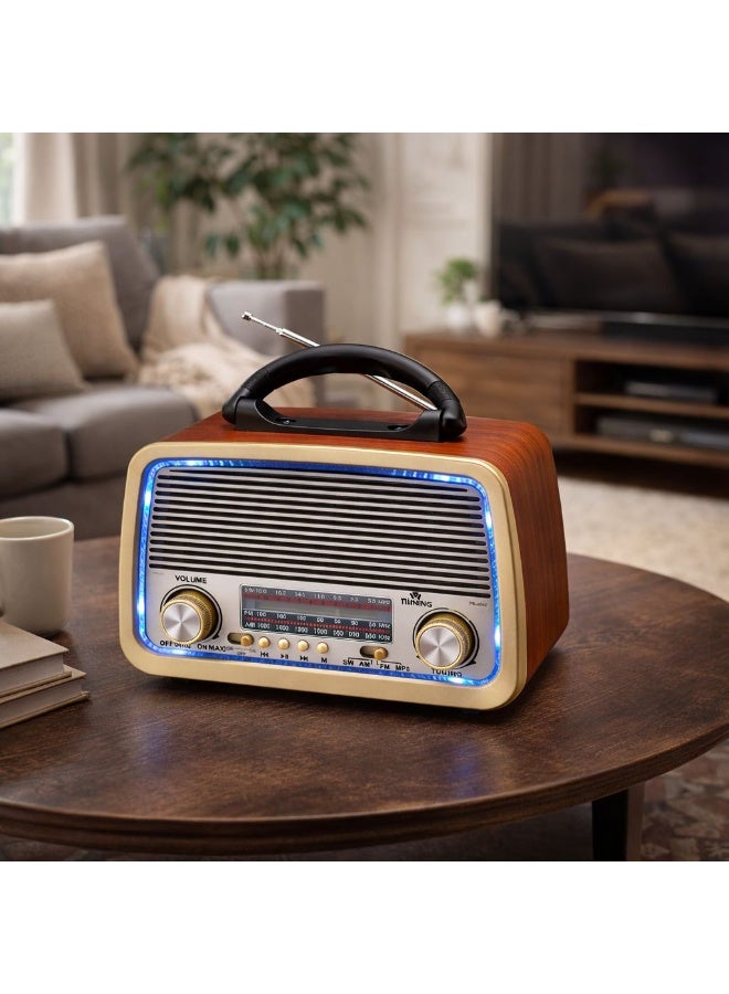 راديو كلاسيك محمول بتصميم خشبي أنيق يدعم AM FM SW MP3 مع إضاءة LED ومقبض حمل وبطارية قابلة للشحن - Image 3