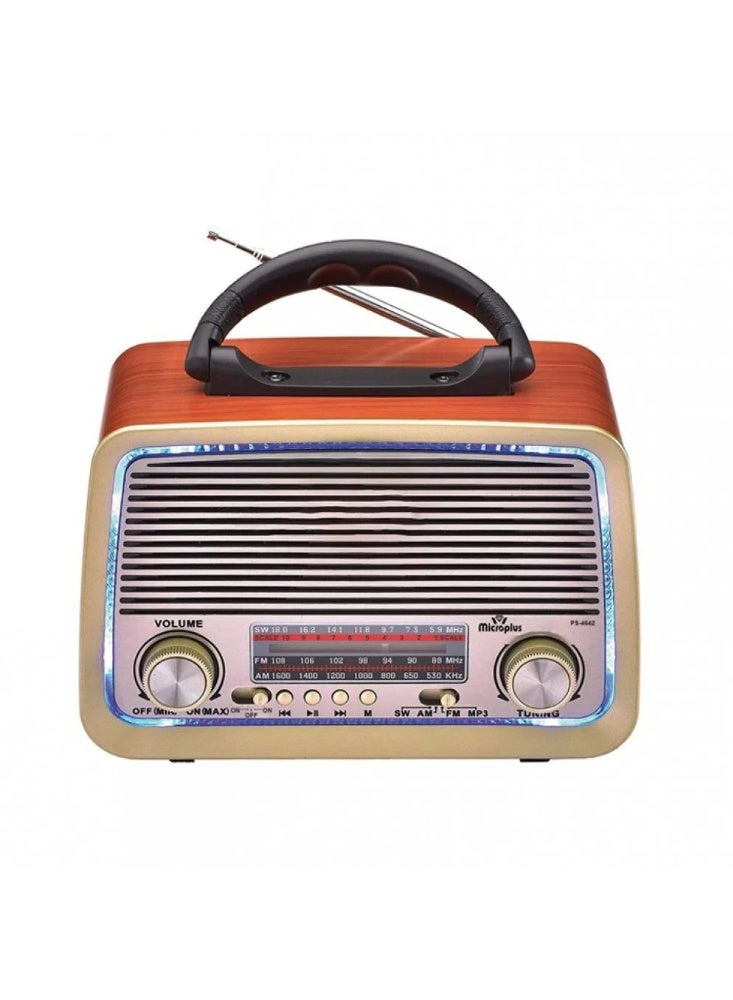 راديو كلاسيك محمول بتصميم خشبي أنيق يدعم AM FM SW MP3 مع إضاءة LED ومقبض حمل وبطارية قابلة للشحن - Image 1