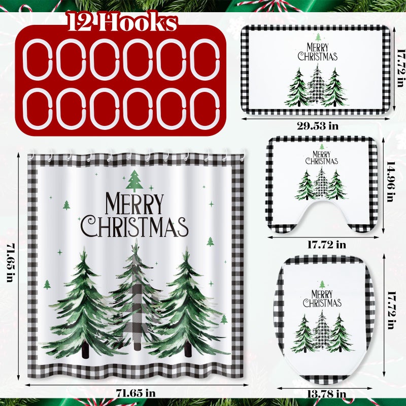 Newwiee Newwiee 7 Pcs Christmas Shower Curtain Set Themed Bathroom Decor Shower Curtain and Mats Towels Toilet Mat Waterproof Watercolor Bath Curtain Accessories - Image 2