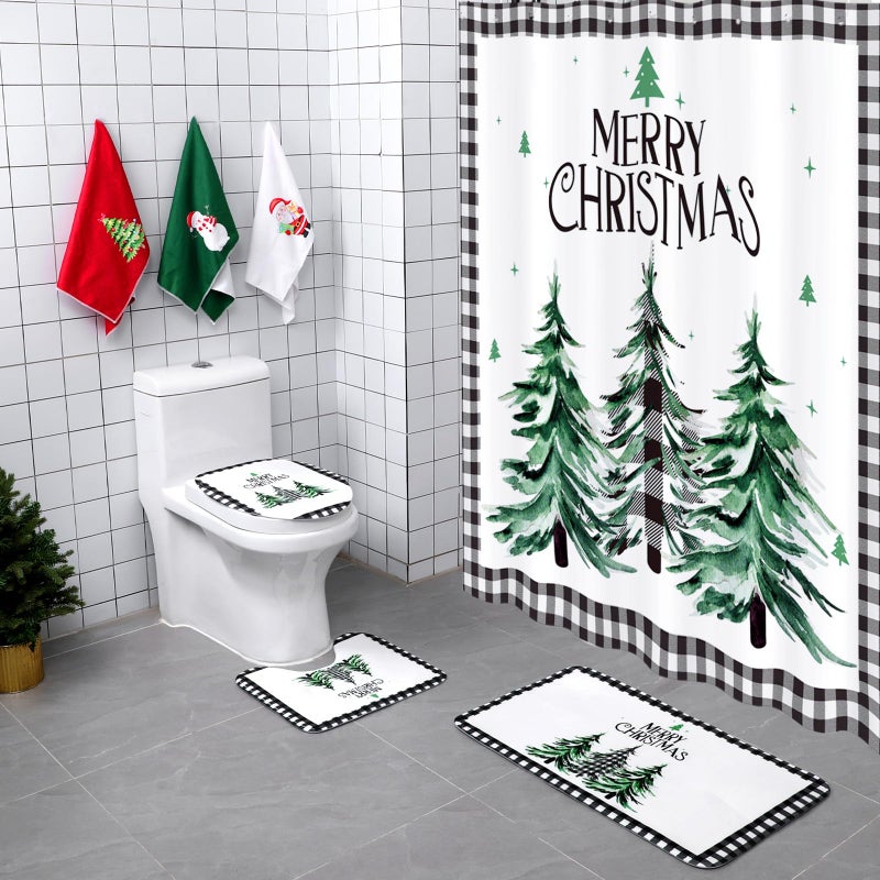 Newwiee Newwiee 7 Pcs Christmas Shower Curtain Set Themed Bathroom Decor Shower Curtain and Mats Towels Toilet Mat Waterproof Watercolor Bath Curtain Accessories - Image 1