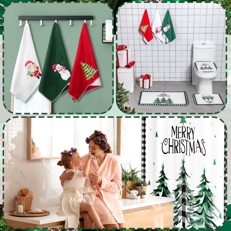 Newwiee Newwiee 7 Pcs Christmas Shower Curtain Set Themed Bathroom Decor Shower Curtain and Mats Towels Toilet Mat Waterproof Watercolor Bath Curtain Accessories - Image 5