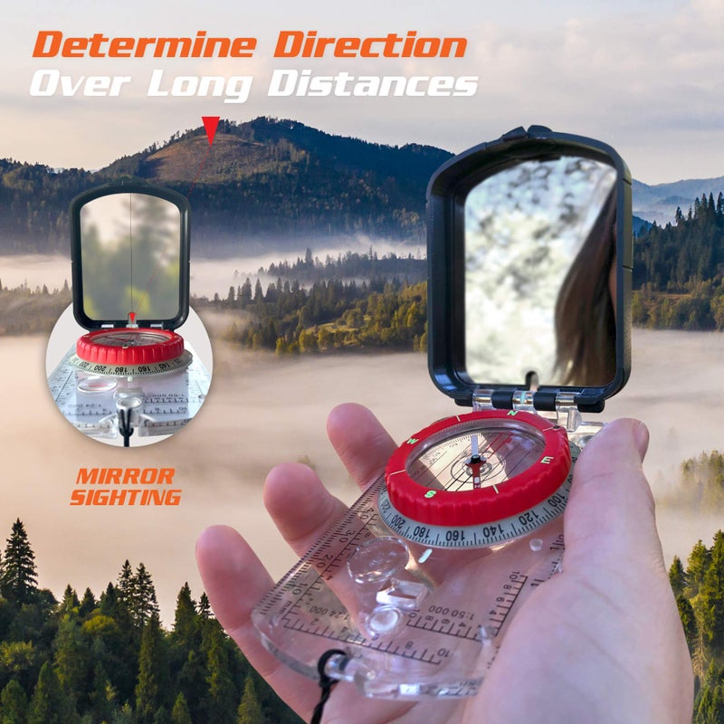 PREPARED4X Hiking Compass Survival – Mirror Sighting Map Orienteering Compass – with 35-Ft 550 Survival Paracord Lanyard, Fire Starter, Whistle, Fishing Line, Tinder Cord - Image 3