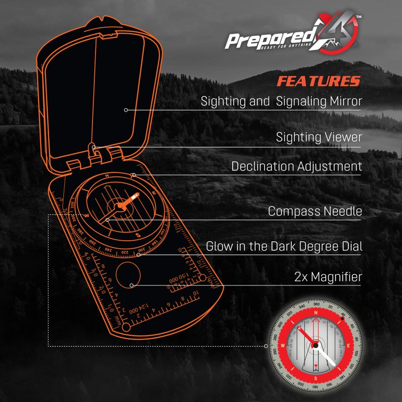 PREPARED4X Hiking Compass Survival – Mirror Sighting Map Orienteering Compass – with 35-Ft 550 Survival Paracord Lanyard, Fire Starter, Whistle, Fishing Line, Tinder Cord - Image 2