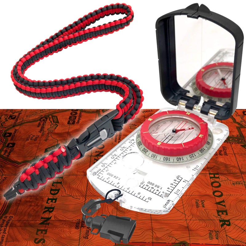 PREPARED4X Hiking Compass Survival – Mirror Sighting Map Orienteering Compass – with 35-Ft 550 Survival Paracord Lanyard, Fire Starter, Whistle, Fishing Line, Tinder Cord - Image 1