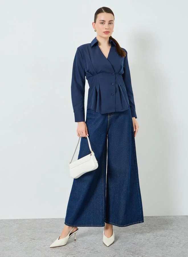 Styli Women Navy Blue Long Sleeve Wrap Top