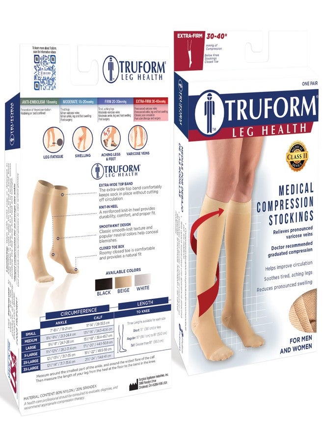 Truform Short Length 30-40 mmHg Compression Stockings for Men and Women, Reduced Length, Closed Toe, Beige, Small (short length) - Image 3