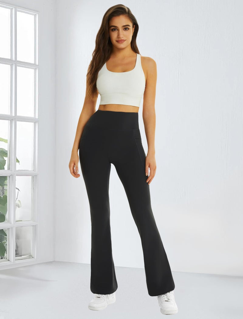 FireSwan Women's Flare Yoga Pants with Pockets High Waist Flared Leggings Bootcut Gym Workout Pants Tummy Control Black - Image 3