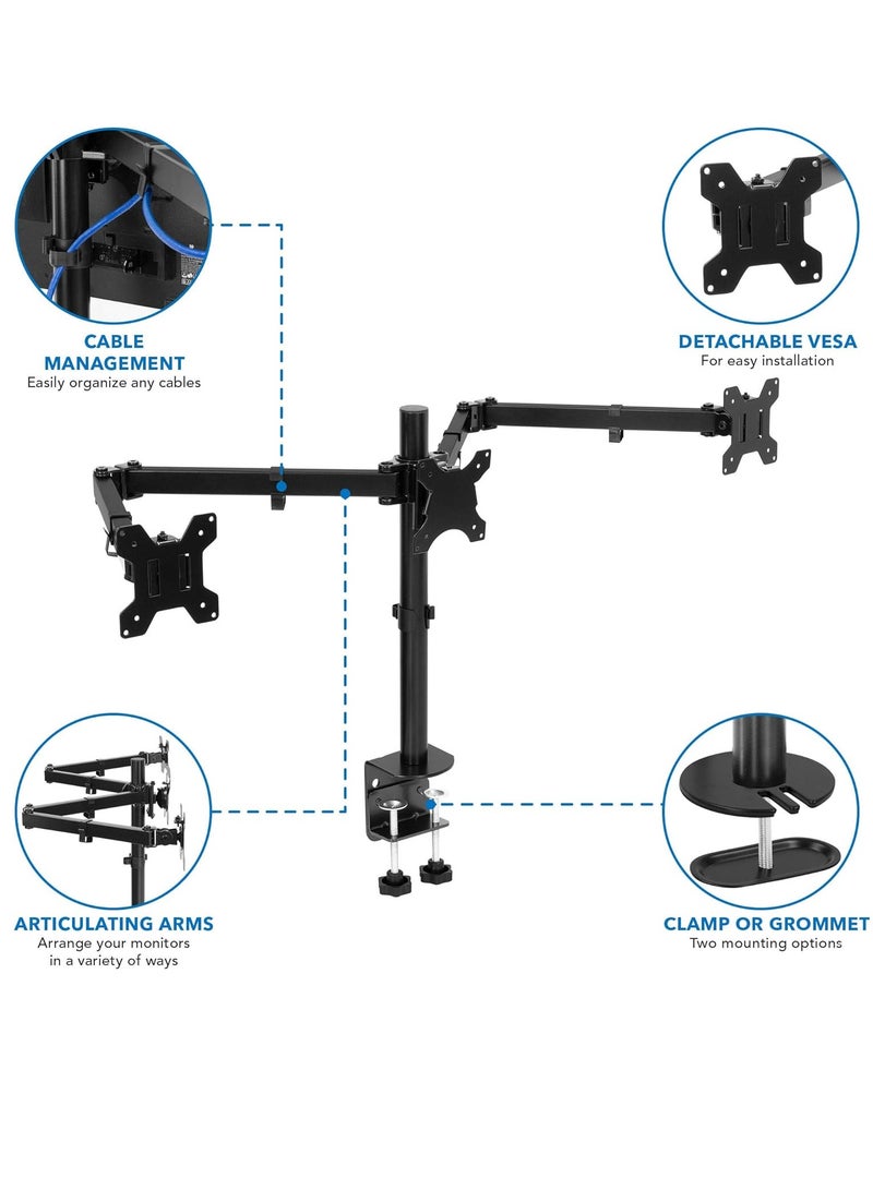ELTRAZONE Triple Monitor Mount | 3 Screen Desk Stand with Clamp and Grommet Base | Fits 24, 27, 32 Inch Displays | Universal VESA 75x75 and 100x100 Compatible - Image 3