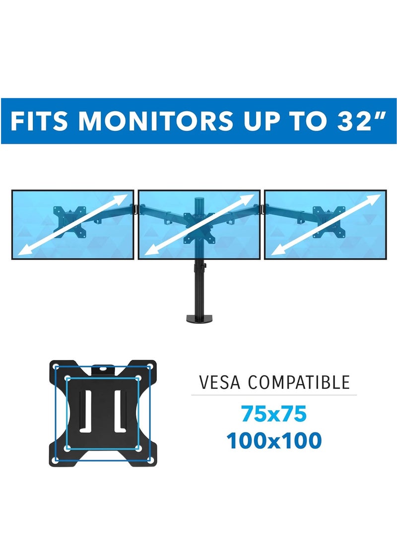 ELTRAZONE Triple Monitor Mount | 3 Screen Desk Stand with Clamp and Grommet Base | Fits 24, 27, 32 Inch Displays | Universal VESA 75x75 and 100x100 Compatible - Image 4
