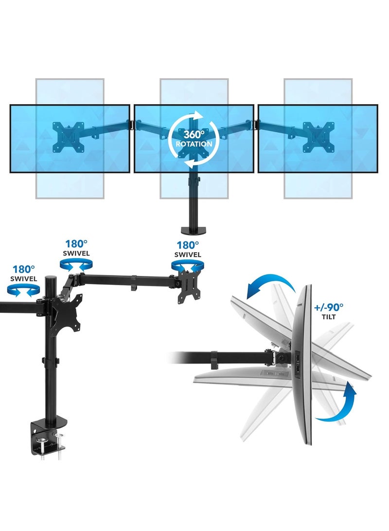 ELTRAZONE Triple Monitor Mount | 3 Screen Desk Stand with Clamp and Grommet Base | Fits 24, 27, 32 Inch Displays | Universal VESA 75x75 and 100x100 Compatible - Image 5