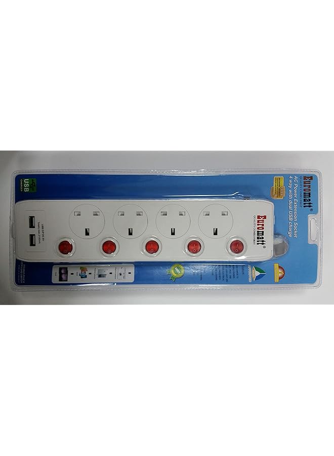 إيروريكس سلك تمديد 5 متر 4 مخارج 2 يو اس بي لون ابيض - Image 2