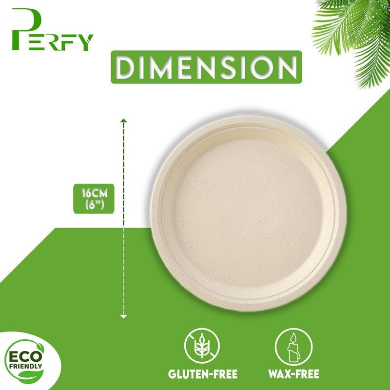 Perfy Disposable Bagasse Plates 6 Inch EcoFriendly Biodegradable DisposableSugarcane Paper Plates for Serving Snacks Birthday Wedding Party BeigePack of 250 - Image 3