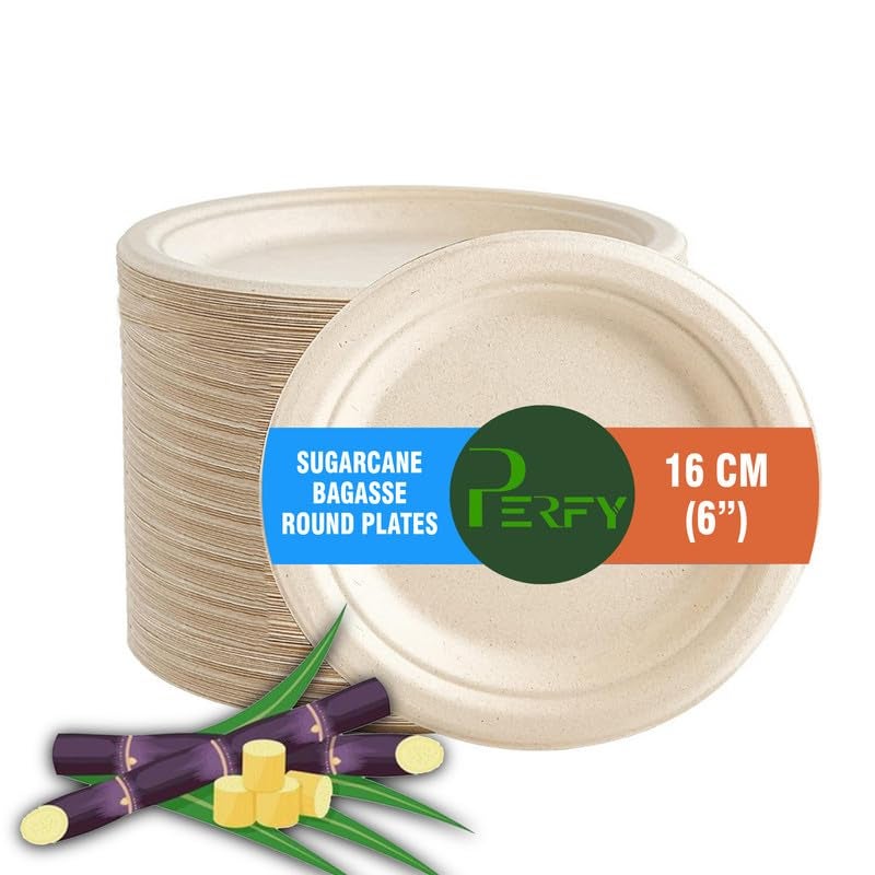 Perfy Disposable Bagasse Plates 6 Inch EcoFriendly Biodegradable DisposableSugarcane Paper Plates for Serving Snacks Birthday Wedding Party BeigePack of 250 - Image 1