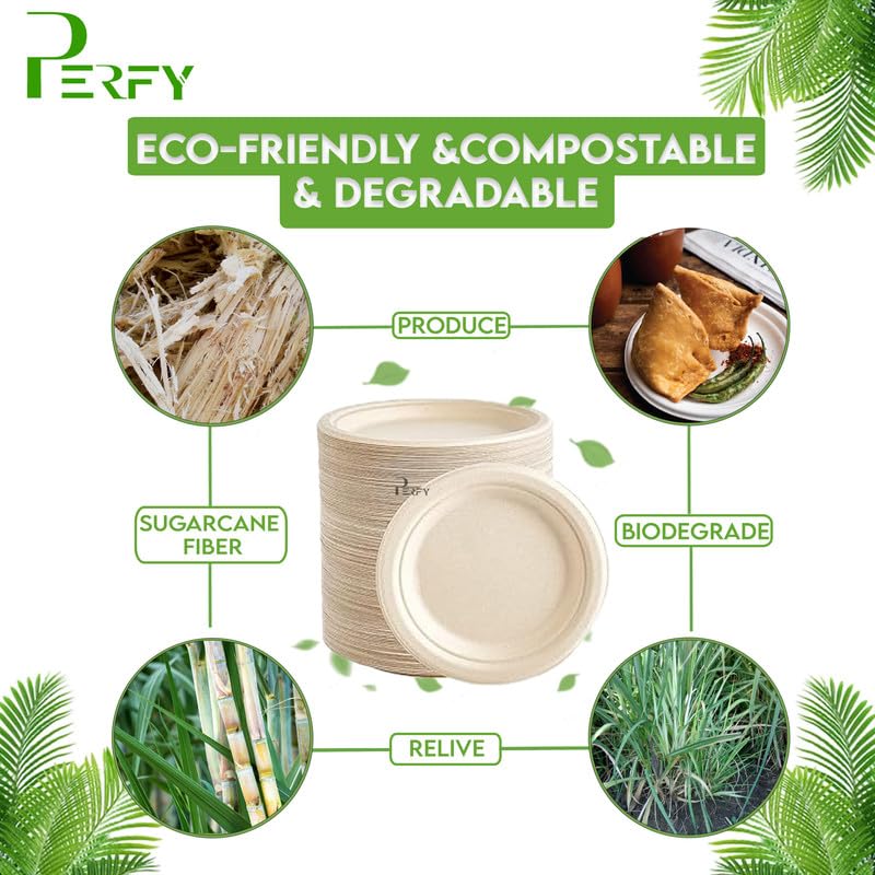 Perfy Disposable Bagasse Plates 6 Inch EcoFriendly Biodegradable DisposableSugarcane Paper Plates for Serving Snacks Birthday Wedding Party BeigePack of 250 - Image 2