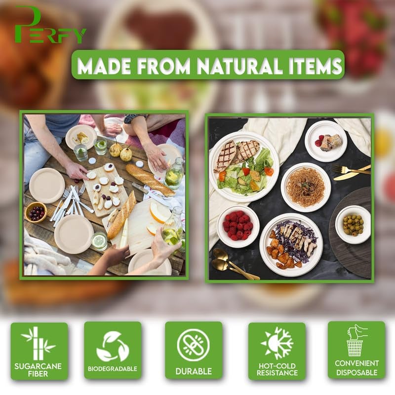 Perfy Disposable Bagasse Plates 6 Inch EcoFriendly Biodegradable DisposableSugarcane Paper Plates for Serving Snacks Birthday Wedding Party BeigePack of 250 - Image 4