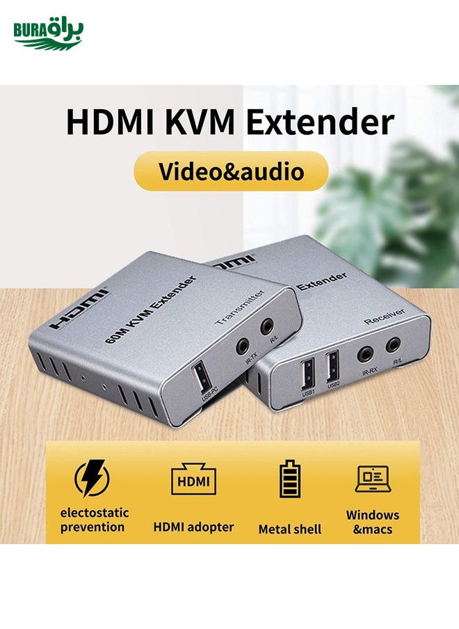BURAQ - KVM 60m HDMI Network Cable Extender With Audio/Video Transmitter+Receiver, US Plug - Image 1