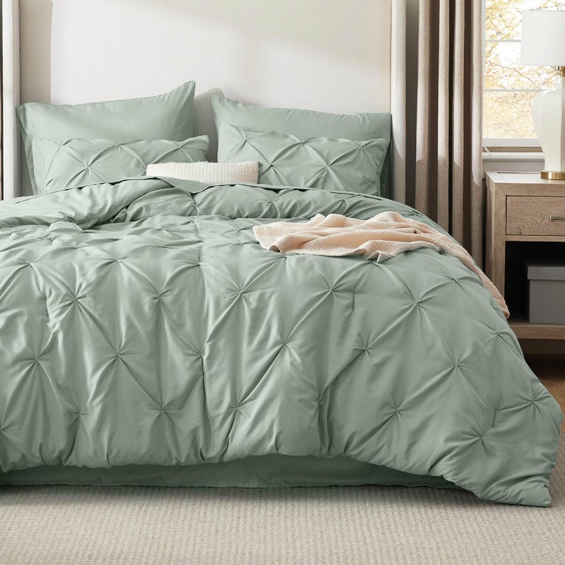 Bedsure California King Comforter Set - Bed in a Bag Cal King Bedding Set 7 PCS, GentleSoftâ„¢ Pintuck Bed Set Gift for Family, Pinch Pleat Sage Green Comforter with Sheets, Pillowcases & Shams - Image 1