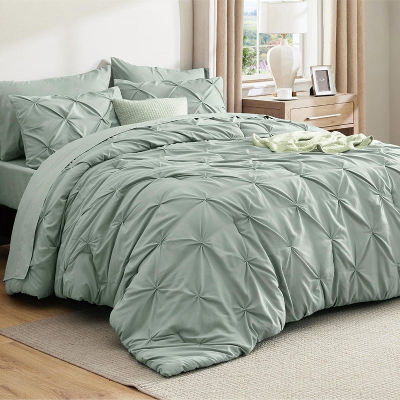 Bedsure California King Comforter Set - Bed in a Bag Cal King Bedding Set 7 PCS, GentleSoftâ„¢ Pintuck Bed Set Gift for Family, Pinch Pleat Sage Green Comforter with Sheets, Pillowcases & Shams - Image 2