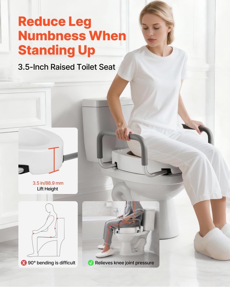 VEVOR Raised Toilet Seat with Arms, 300 lbs Load Capacity, 3.5-Inch Lift Height, Widened Commode Elevated Toilet Seat Riser with Padded Handles for Seniors, Elderly, Handicap, Disabled, and Adults - Image 2