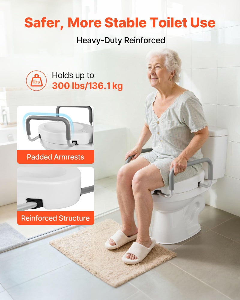 VEVOR Raised Toilet Seat with Arms, 300 lbs Load Capacity, 3.5-Inch Lift Height, Widened Commode Elevated Toilet Seat Riser with Padded Handles for Seniors, Elderly, Handicap, Disabled, and Adults - Image 4