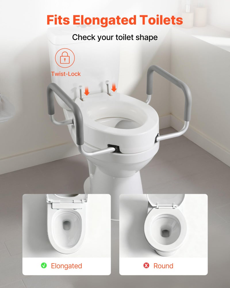 VEVOR Raised Toilet Seat with Arms, 300 lbs Load Capacity, 3.5-Inch Lift Height, Widened Commode Elevated Toilet Seat Riser with Padded Handles for Seniors, Elderly, Handicap, Disabled, and Adults - Image 3