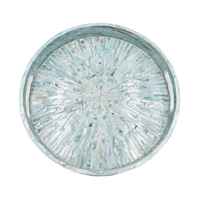 126 Mother of Pearl Round Serving Tray with Handles Decorative Nacred Wooden Ottoman Coffee Table Tray Teal Sunlight