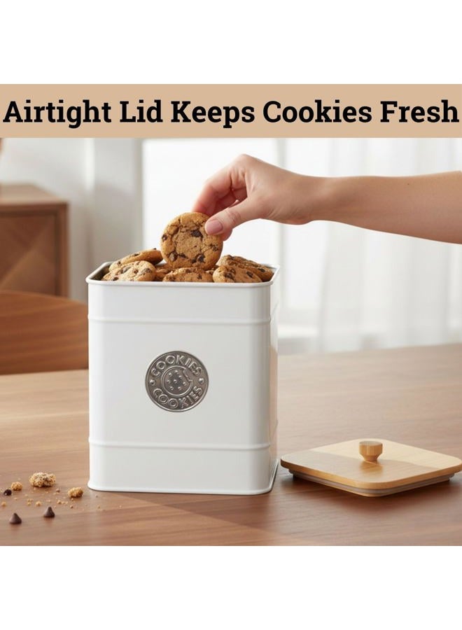 HB Design Co. Cookie Jar with Airtight Lid - 1 Gallon - 6"D x 8"H White Iron Cookie Tin with Bamboo Lid - Large Cookie Jars with Lids Airtight - Farmhouse Cookie Jars for Kitchen Counter Decorative - Cookies Jar - Image 4