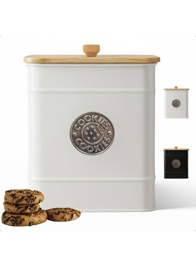 HB Design Co. Cookie Jar with Airtight Lid - 1 Gallon - 6"D x 8"H White Iron Cookie Tin with Bamboo Lid - Large Cookie Jars with Lids Airtight - Farmhouse Cookie Jars for Kitchen Counter Decorative - Cookies Jar - Image 1