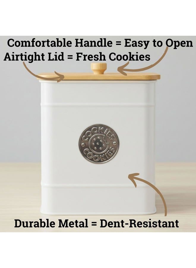 HB Design Co. Cookie Jar with Airtight Lid - 1 Gallon - 6"D x 8"H White Iron Cookie Tin with Bamboo Lid - Large Cookie Jars with Lids Airtight - Farmhouse Cookie Jars for Kitchen Counter Decorative - Cookies Jar - Image 2