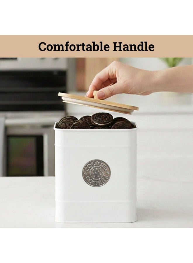 HB Design Co. Cookie Jar with Airtight Lid - 1 Gallon - 6"D x 8"H White Iron Cookie Tin with Bamboo Lid - Large Cookie Jars with Lids Airtight - Farmhouse Cookie Jars for Kitchen Counter Decorative - Cookies Jar - Image 5