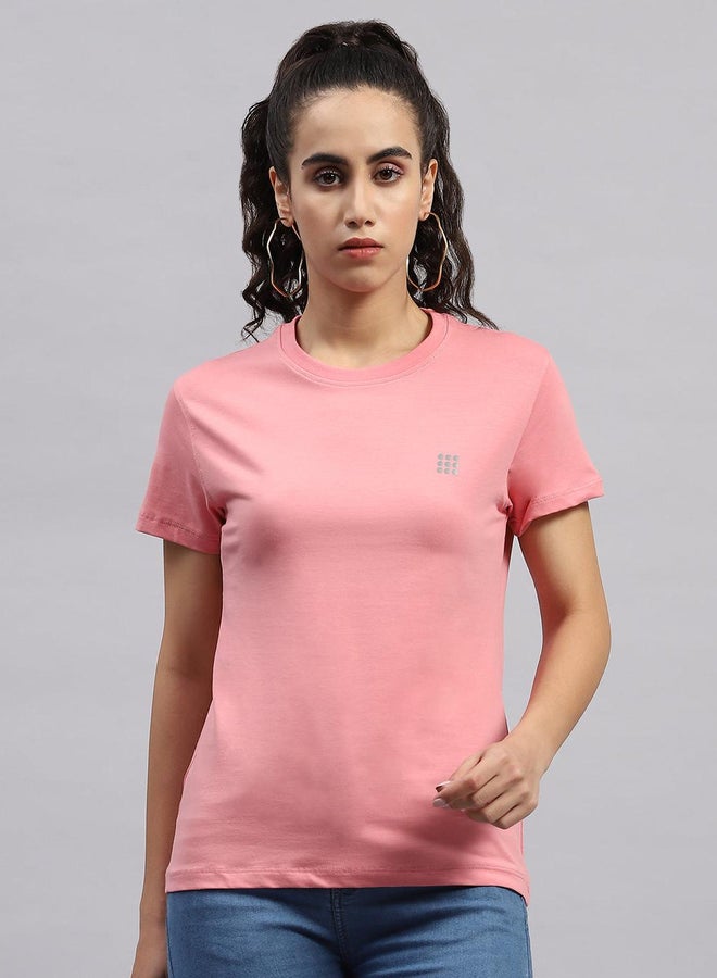 Rock.it Women Pink Solid Round Neck Short Sleeve Top - Image 1
