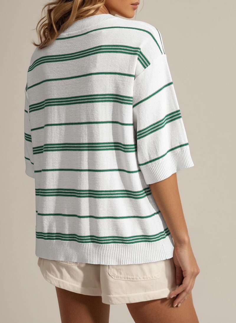 Dokotoo Summer Tops for Women St Patricks Day 3/4 Short Sleeve Oversized Sweaters Boho Fashion Clothing Striped Crewneck Lightweight Knit Jumper Tops Pullover Sweater Shirts Plus Size Green Large - Image 3