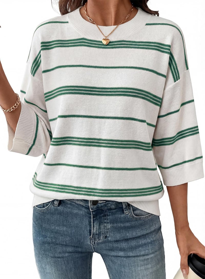 Dokotoo Summer Tops for Women St Patricks Day 3/4 Short Sleeve Oversized Sweaters Boho Fashion Clothing Striped Crewneck Lightweight Knit Jumper Tops Pullover Sweater Shirts Plus Size Green Large - Image 1