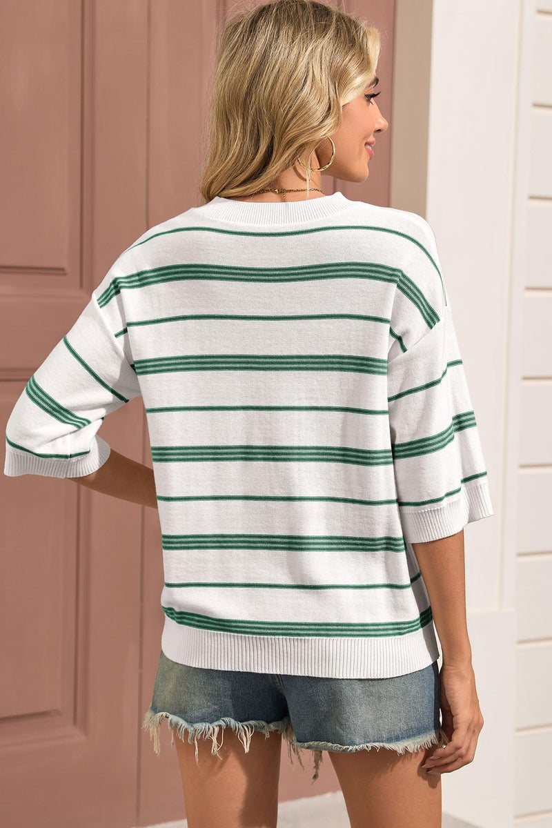 Dokotoo Summer Tops for Women St Patricks Day 3/4 Short Sleeve Oversized Sweaters Boho Fashion Clothing Striped Crewneck Lightweight Knit Jumper Tops Pullover Sweater Shirts Plus Size Green Large - Image 5
