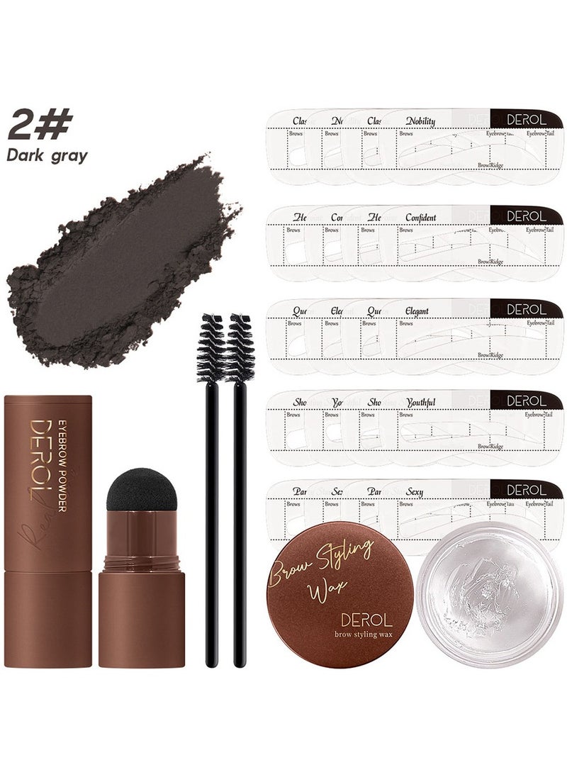 DEROL Brow Kit Eyebrow Stamp Stencil Kits Palette Pac Set,Eyebrow Powder+Styling Wax+20* Shape Stencils+2* Brushes,Color Contour,More Defines,Thicker,Easy To Colour, Long Lasting Waterproof 02# Dark Gray  - Image 2