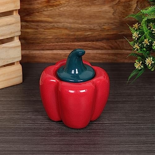 QIMACPLUS Ceramic Capsicum Decorative Pickle Jar| Food Storage Jar | Multipurpose aachar, masala Jar For kitchen and Dining table 500 ML set of 1 Red - Image 3
