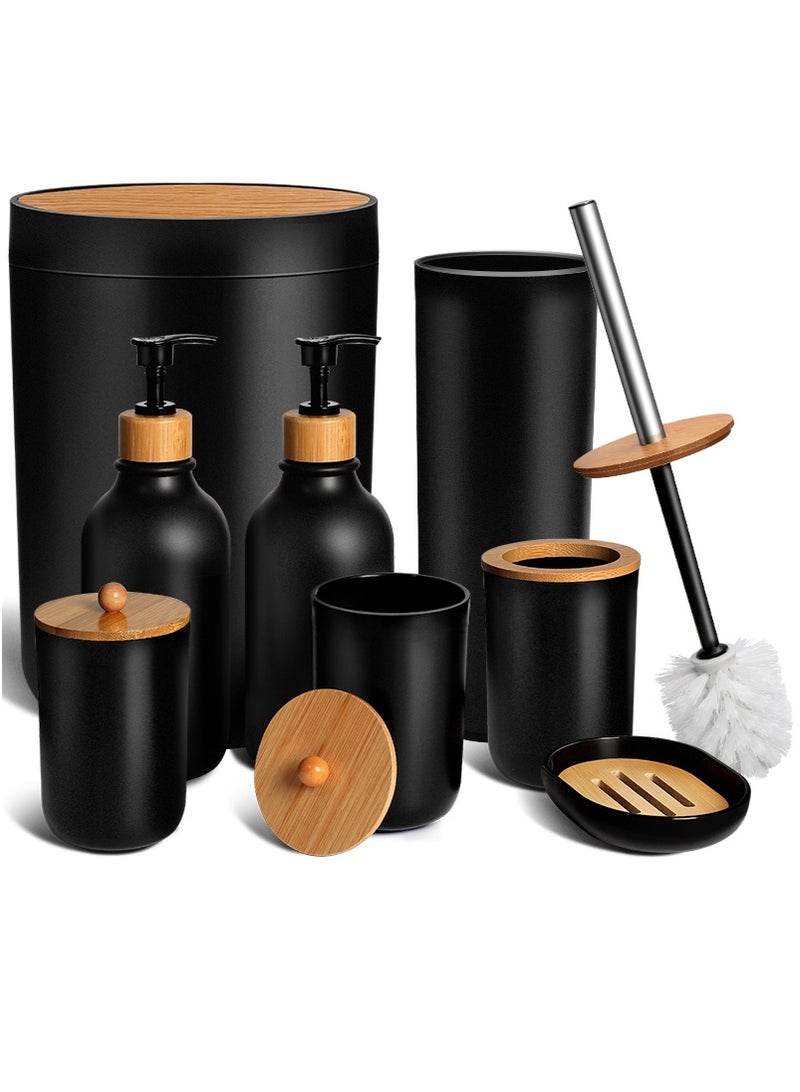 جميسون مجموعة إكسسوارات الحمام من الخيزران الأسود المكونة من 8 قطع، تشمل سلة مهملات، موزع صابون الحمام من الخيزران، حامل فرشاة الأسنان، فرشاة المرحاض، حاملات أعواد الأذن، صحن الصابون، بلاستيك ABS مقاوم للماء، 11.34 × 7.99 × 7.83 بوصة - Image 1