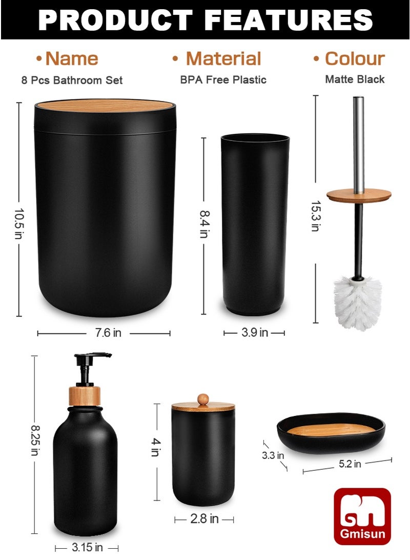 جميسون مجموعة إكسسوارات الحمام من الخيزران الأسود المكونة من 8 قطع، تشمل سلة مهملات، موزع صابون الحمام من الخيزران، حامل فرشاة الأسنان، فرشاة المرحاض، حاملات أعواد الأذن، صحن الصابون، بلاستيك ABS مقاوم للماء، 11.34 × 7.99 × 7.83 بوصة - Image 2