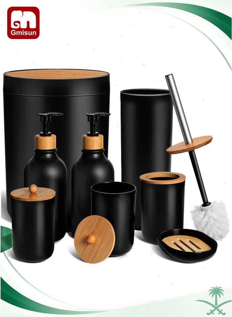 Gmisun 8-Piece Black Bamboo Bathroom Accessories Set,Includes Trash Can,Bamboo Bath Soap Dispenser Toothbrush Holder Set Toilet Brush Qtip Holders Soap Dish,Waterproof ABS Plastic,11.34 x 7.99 x 7.83 in - Image 1