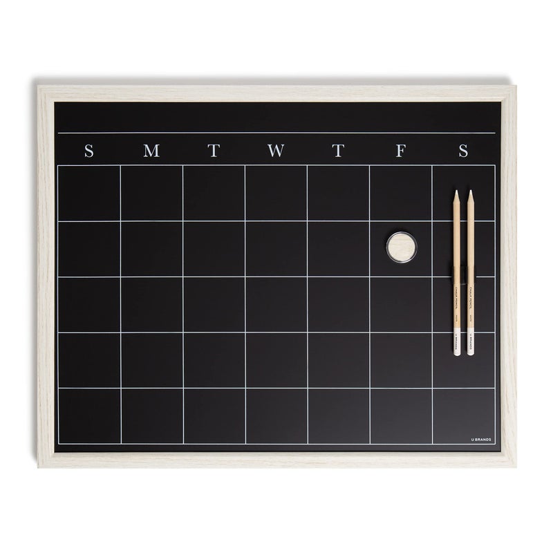 U Brands White Wash Frame Chalkboard Calendar Set, Office Supplies, with Magnet, Chalk Pencils 16” x 20”, 4 Pieces - Image 1